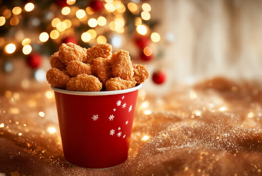A photorealistic image of KFC chicken nuggets in a red paper bucket,  Christmas glittering backgroun chicken nuggets in a red paper bucket, Close-up photo of a small bucket filled with chicken nugget.