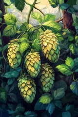 Hop cones with fresh green leaves in vibrant pastel tones