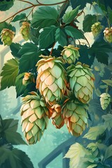 Hop cones with fresh green leaves in vibrant pastel tones