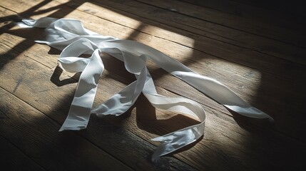 Elegant White Ribbon Draped on Rustic Wooden Floor with Sunlight Casting Gentle Shadows, Evoking a Sense of Calm and Timeless Beauty in Minimalist Composition