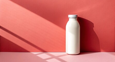 Minimal White Bottle on Coral Background Clean Packaging Mockup with Soft Shadows for Beverage, Dairy, or Skincare Product Presentation