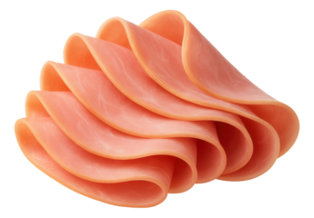 Thinly sliced pieces of folded ham with a smooth, light pink color.