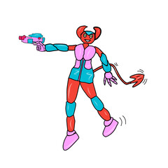 The red female Alien character or female devil, wearing pink and blue armor and holding a laser gun.