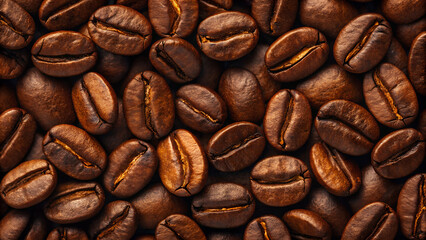 Fototapeta premium Detailed Close Up of Roasted Coffee Beans Showing Texture and Richness