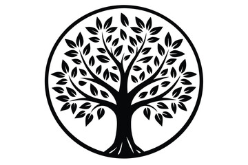 Silhouette of a Leafy Tree Encased in a Circular Frame, Graphic Illustration