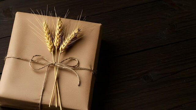 Gift Box Wrapped In Brown Paper With Wheat Decor on Dark Wooden Background With Neutral Tone Ideal For Holiday Celebrations