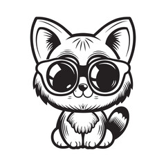 Cute Cartoon Cat with Sunglasses, Mascot Style, Black and White