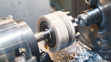 Close-up of groove turning operation on a lathe, demonstrating a cutting tool creating precise grooves on a metal workpiece