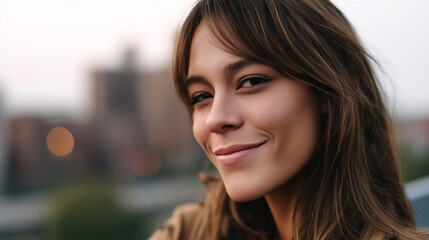 Confident woman smiling outdoors in an urban environment at sunset