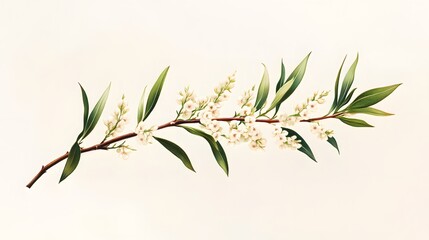 Realistic Illustration of a Melaleuca Tea Tree Twig Adorned with Charming Flowers on a Clean White Canvas with Generous Copy Space for Innovative Design