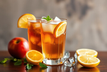 Refreshing iced tea with lemon, apple, and ice cubes on table