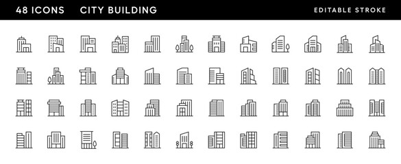 City building icon collection. Modern building, skyscrapers, urban city, residence, cityscape, skyline and more. Editable stroke. Pixel Perfect. Grid base 32 x 32.