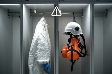 Chemicals emergency response team concept. Protective gear hanging in a locker, showcasing safety equipment for industrial use.