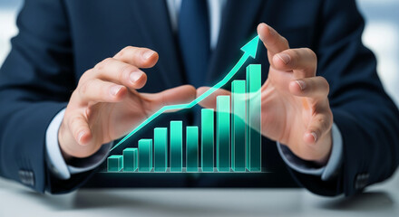 Businessman's hands gently cradle a rising teal bar graph, symbolizing growth, success, and financial progress in business.  Showcase of upward trend