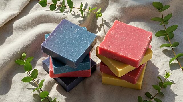 Handmade Soaps in Pastel Tones Stacked on Textured Fabric with Green Leaves Square Cut Soaps in Blue Red and Yellow Colors for Beauty and Spa