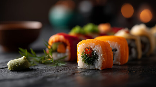 Colorful sushi rolls on stone surface with artistic presentation