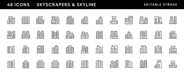 Skyscraper and skyline icon collection. Modern building, apartment complex, city building, residence, cityscape, skyline and more. Editable stroke. Pixel Perfect. Grid base 32 x 32.