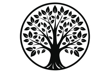 Obraz premium Black Silhouette of a Leafy Tree Inside a Black Circle Border Design