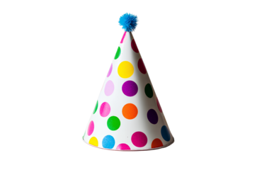 A colorful birthday hat with multicolored polka dots and pink pom-poms on top, isolated against a white background.