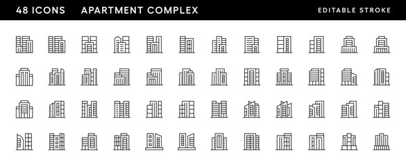 Apartment complex icon collection. Modern building, residence, city building, exterior, cityscape, metropolis, real estate and more. Editable stroke. Pixel Perfect. Grid base 32 x 32.