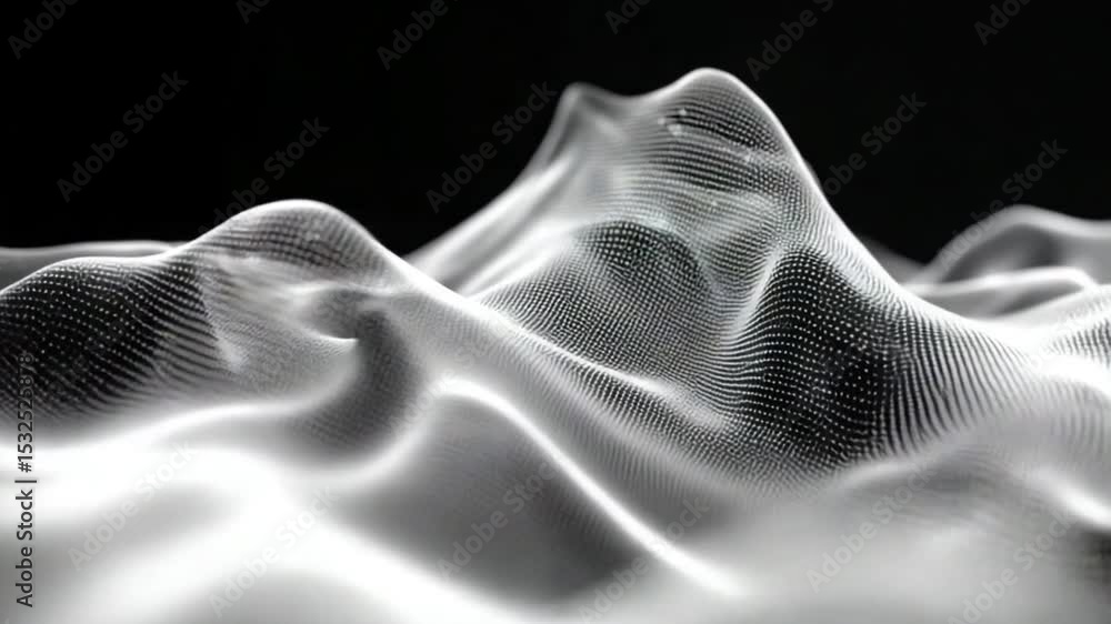 Poster abstract digital landscape: dynamic waveform of dotted particles on a black background