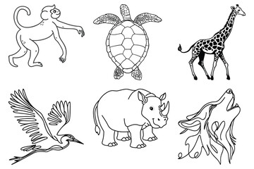 Line Art Drawings of Wild Animals Monkey, Turtle, Giraffe, Heron, Rhino, Wolf