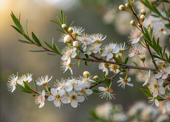 Delicate Blossoms: A close-up of tea tree flowers, showcasing their intricate beauty with soft petals and delicate structures, evoking a sense of tranquility and purity.
