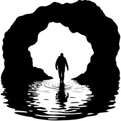 Silhouette of traveler wading in cave water, adventure exploration