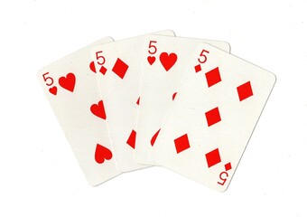 A hand of four red playing cards of the same value isolated on a white background.