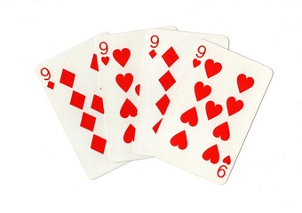 A hand of four red playing cards of the same value isolated on a white background.
