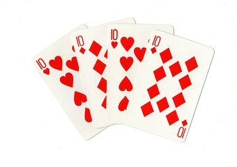 A hand of four red playing cards of the same value isolated on a white background.