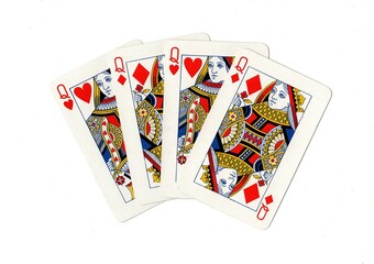 A hand of four red playing cards of the same value isolated on a white background.