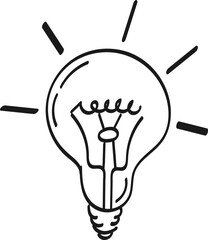 A light bulb with rays of light, a conceptual symbol of an idea. Contour, abstract drawing by hand, doodle. Black on white background, vector.