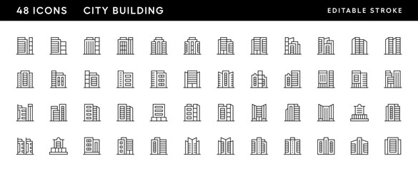 Modern city building icon collection. City building, skyscrapers, apartment building, residence, cityscape, skyline and more.	Editable stroke. Pixel Perfect. Grid base 32 x 32.