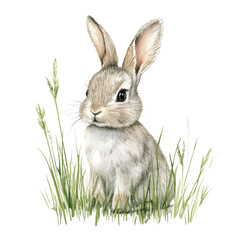 Baby Rabbit Peeking Grass, watercolor illustration vector, isolated on a white background.