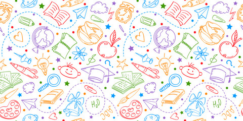 Seamless pattern with conceptual pictograms on the theme of education, contour drawings by hand. Suitable for covers, wrapping paper, backgrounds.