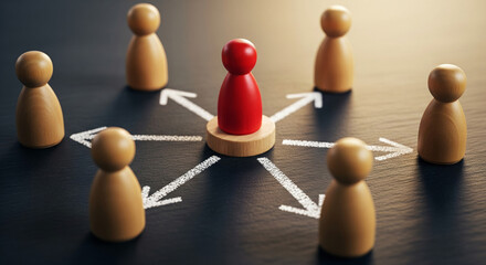 Obraz premium Red wooden figure at center, surrounded by beige figures, connected by white arrows on dark surface, symbolizing leadership, teamwork or communication