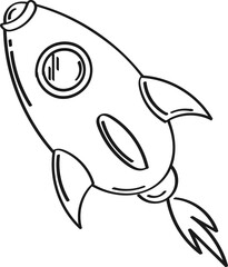 Rocket ship in flight. Contour, abstract drawing by hand, doodle. Black on white background, vector.