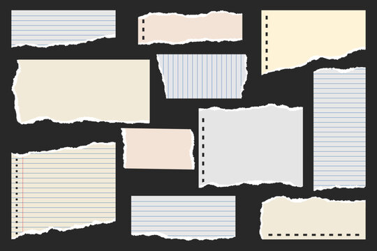 Ripped paper strips. Realistic crumpled paper scraps with torn edges. Shreds of notebook, book or old newspaper pages. Trendy collage elements