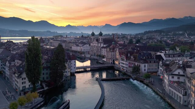 Lucerne Old town, Switzerland, on dramatic sunrise
