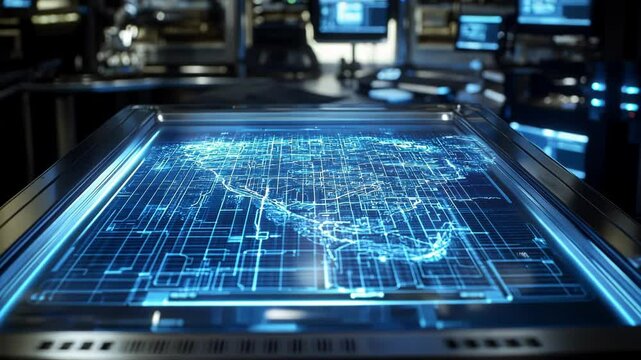 Futuristic digital map displayed on a high-tech glass table in a modern control room.