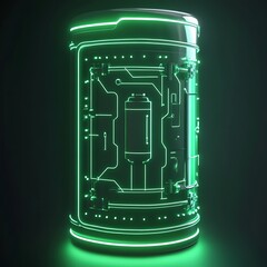 A glowing green power neon futuristic energy storage with high capacity rechargeable lithium ion battery .