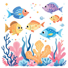 Fototapeta premium Vsai colorful tropical fish swimming over coral reef in cartoon style