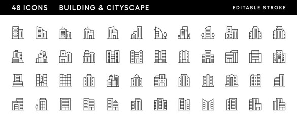 Modern building and cityscape icon collection. City building, skyscrapers, apartment building, residence, skyline and more. Editable stroke. Pixel Perfect. Grid base 32 x 32.