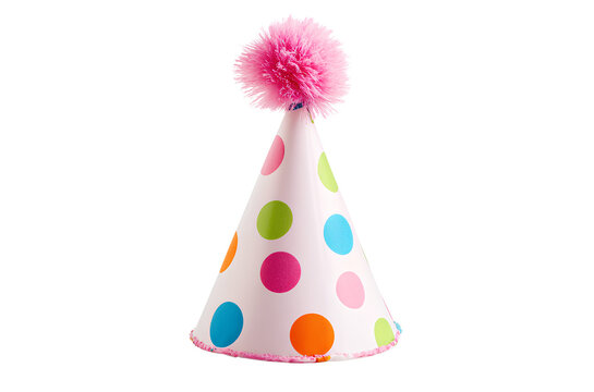  A colorful birthday hat with multicolored polka dots and pink pom-poms on top, isolated against a white background.  