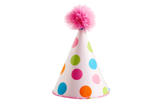  A colorful birthday hat with multicolored polka dots and pink pom-poms on top, isolated against a white background.  