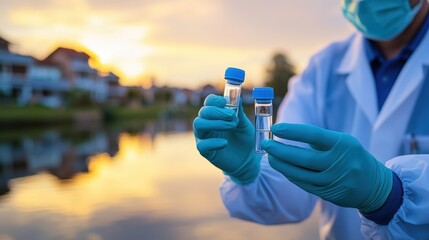 Scientist in protective gear holds water samples in vials near a water body during sunset, indicating environmental testing or water quality analysis.