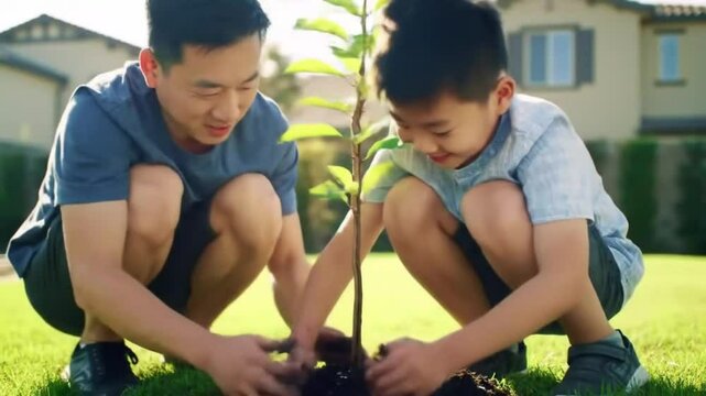 Happy Asian Father and Son Planting a Young Tree Together in Garden, Sustainable Environmental Care and Family Bonding Activity