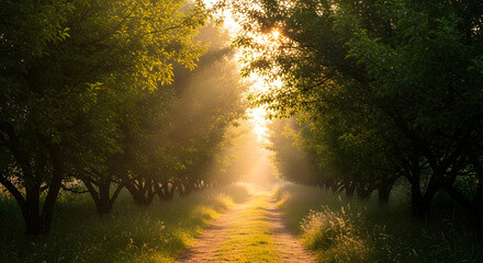 Obraz premium Sunlit Path Through Verdant Green Trees in Peaceful Outdoor Setting