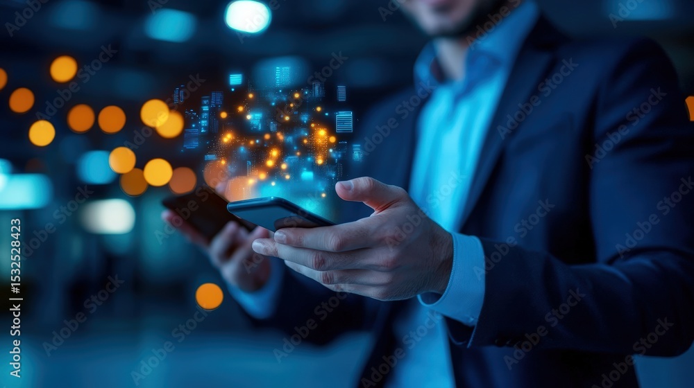 Poster a person in a business suit interacts with a smartphone displaying glowing digital icons and data, s